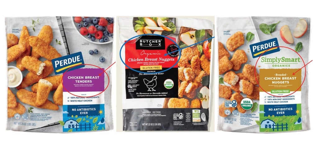 A collage of three packages of chicken up for recall: Perdue chicken breast tenders, butcherbox organic chicken breast nuggets, perdue simplysmart organic chicken breast nuggets